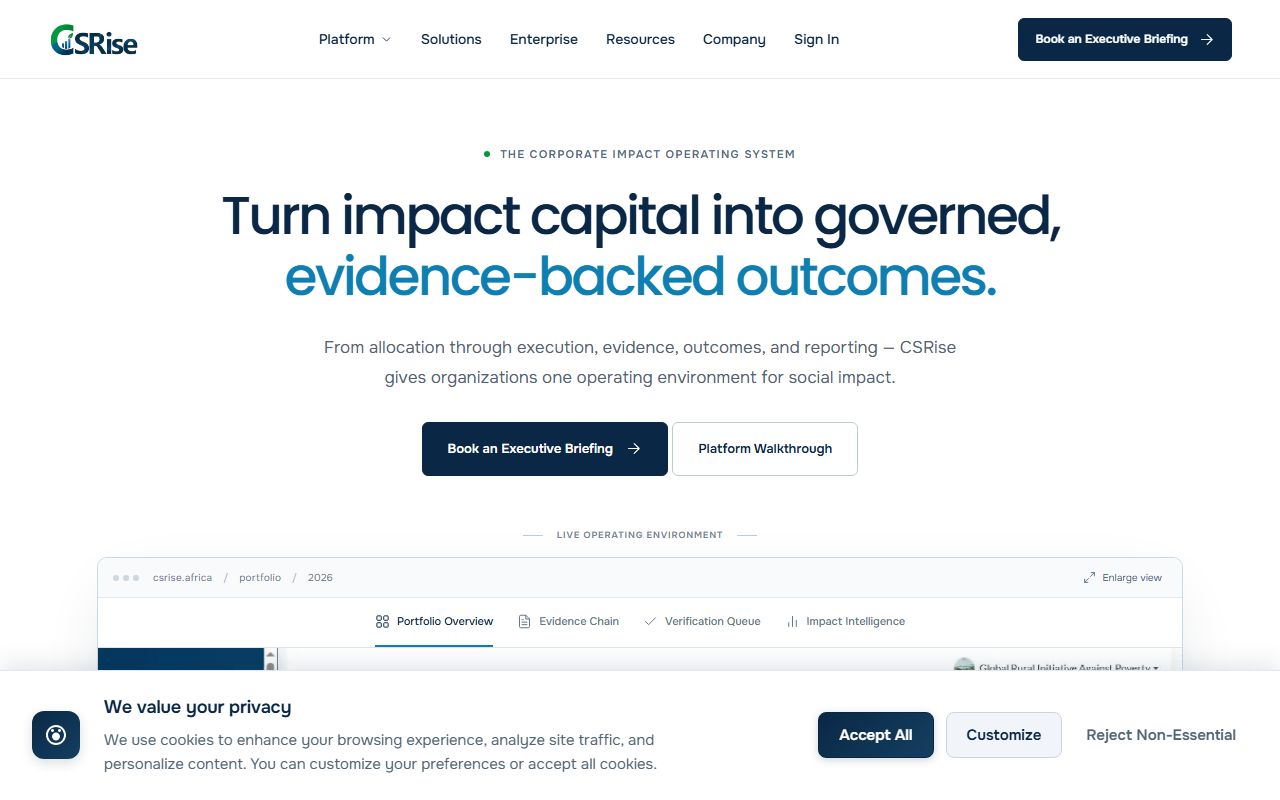 CSRise — Corporate Impact Operating System homepage screenshot